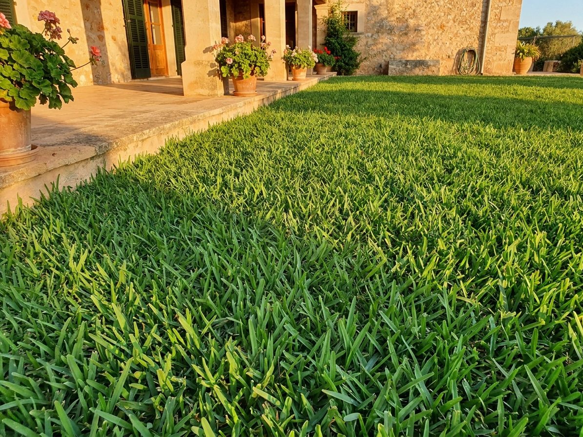 Illustration : Pelouse de kikuyu épaisse et vert vif devant une villa du Sud