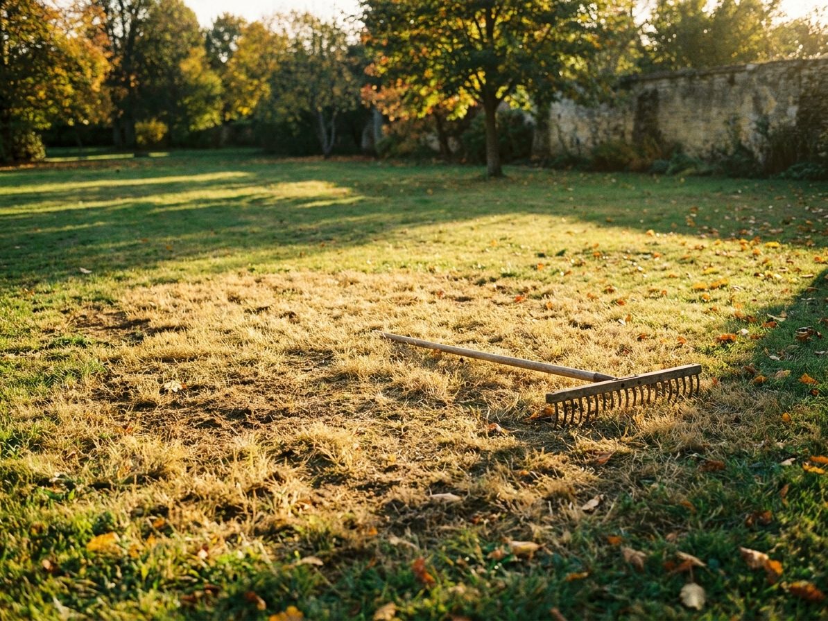 Illustration : Pelouse avec une large plaque d'herbe sèche et clairsemée, un râteau posé dessus