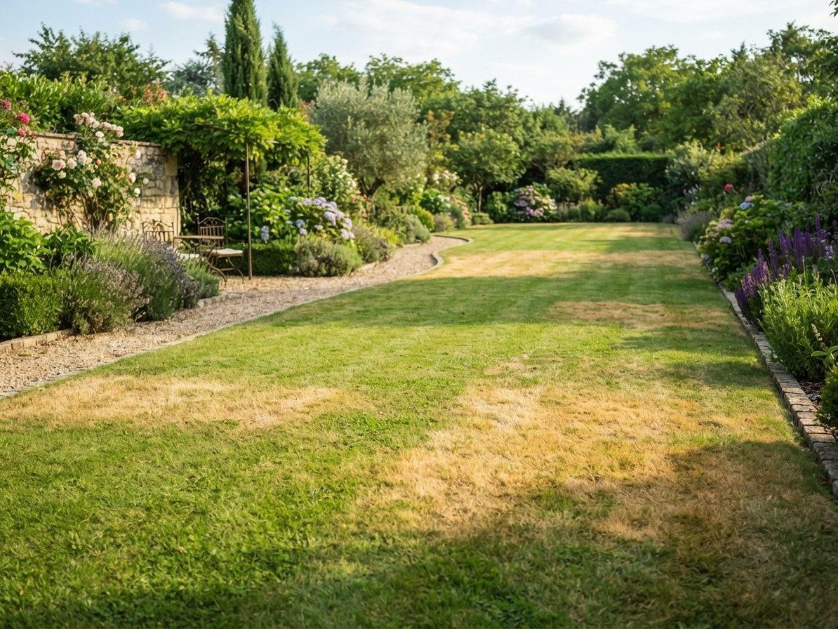 Illustration : pelouse de jardin marquée de plaques jaunes irrégulières, entre une allée de gravier et des massifs fleuris