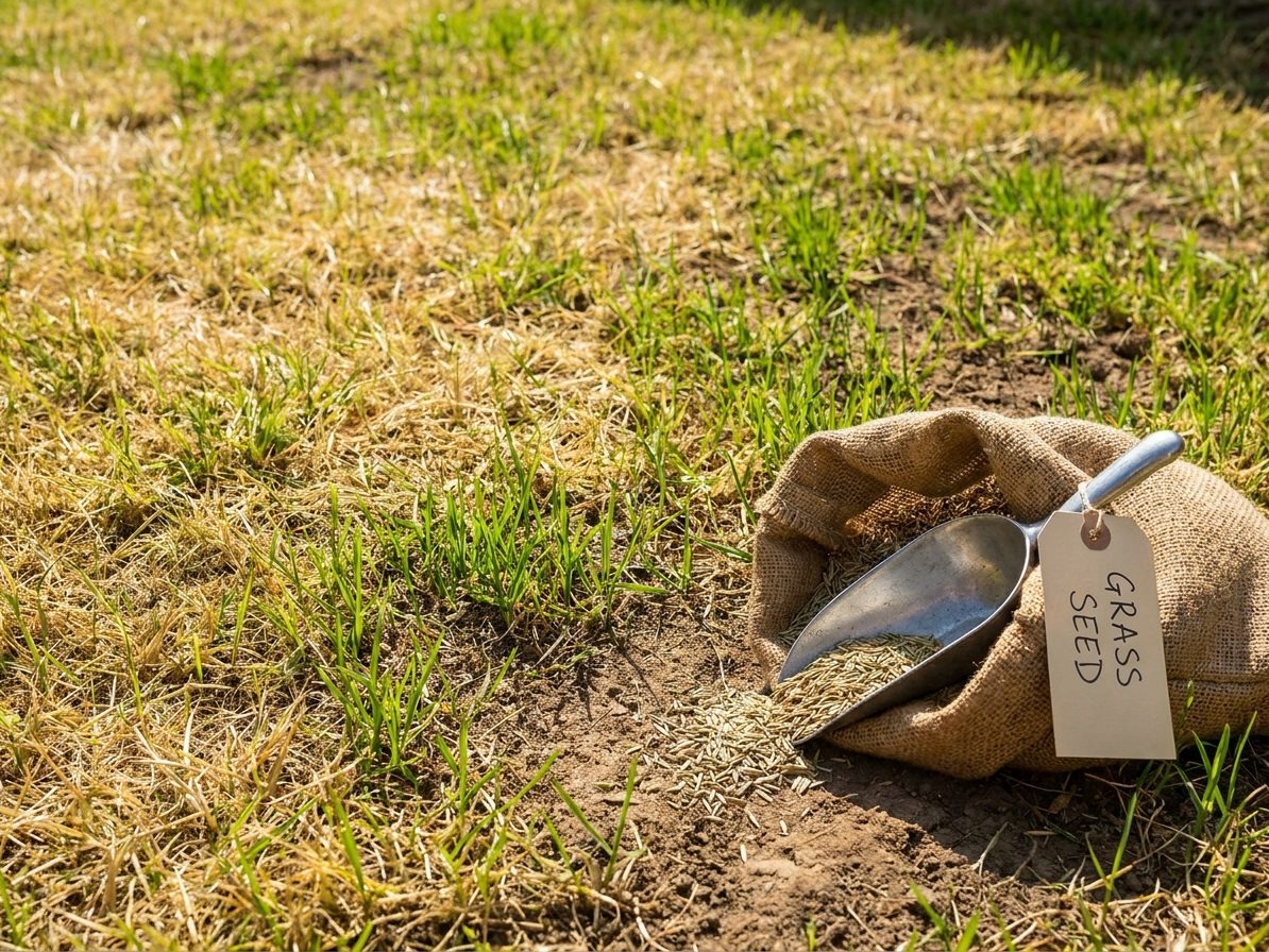 Illustration : Pelouse jaunie où repoussent de jeunes brins verts, sac de graines ouvert sans marque